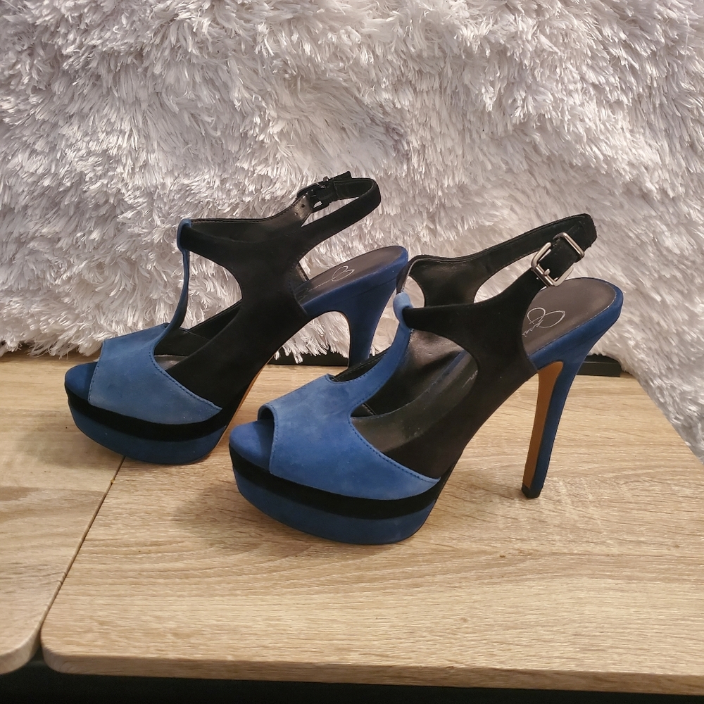 Jessica Simpson | Blue/Black Elso Kidsuede T-strap Peep-toe Heels